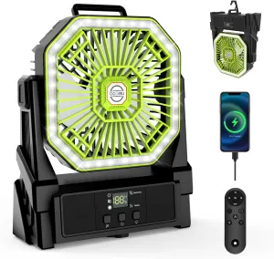Portable Battery Powered Fan with 4 Lights, 20000mAh Battery Operated Fans with Remote, Outdoor Camping Fan Rechargeable, 4 Speed, 4 Timer for Picnic, Barbecue, Fishing, Home Battery-powered portable fan