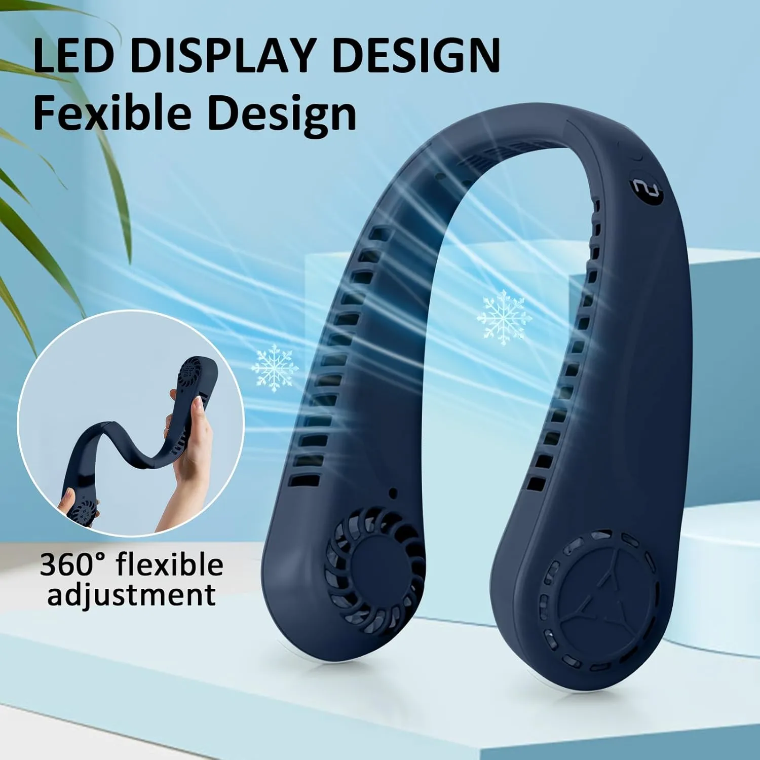 Portable Bladeless Hanging Neck Fans with Screen Display and 5 Speeds Levels, USB Rechargeable, 360 Cooling Wearable Personal Fan for Work Travel Sport Outdoor (Blue)