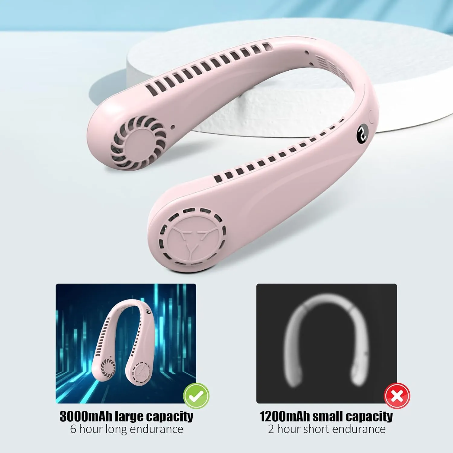 Portable Bladeless Hanging Neck Fans with Screen Display and 5 Speeds Levels, USB Rechargeable, 360 Cooling Wearable Personal Fan for Work Travel Sport Outdoor (Pink)
