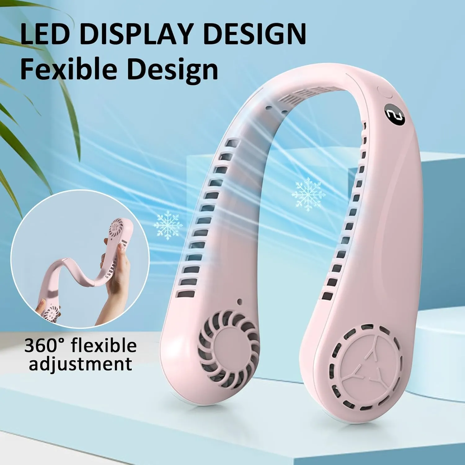 Portable Bladeless Hanging Neck Fans with Screen Display and 5 Speeds Levels, USB Rechargeable, 360 Cooling Wearable Personal Fan for Work Travel Sport Outdoor (Pink)