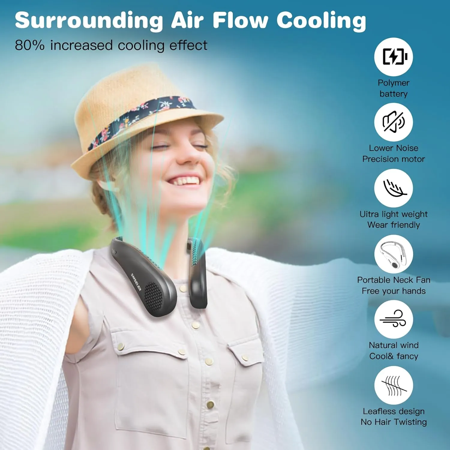 Portable Bladeless Neck Cooling Fan: 6000mAh Rechargeable, 3-Speed Wearable Personal Air Conditioner, Hands-Free Quiet Cooling, Ideal Gift for Men & Women for Outdoor and Indoor Use (Pink)