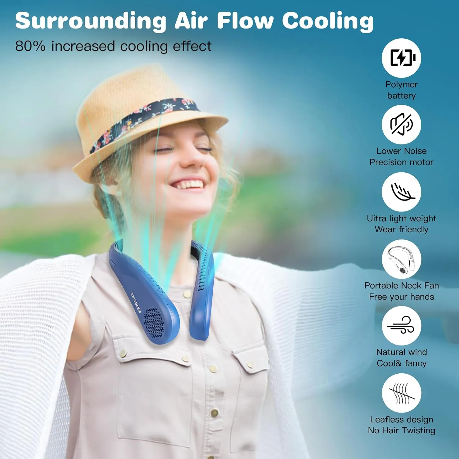 Portable Bladeless Neck Cooling Fan: 6000mAh Rechargeable, 3-Speed Wearable Personal Air Conditioner, Hands-Free Quiet Cooling, Ideal Gift for Men & Women for Outdoor and Indoor Use(Blue)