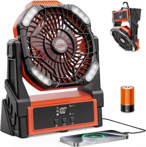 Portable Camping Fan, 20000mAh Rechargeable Battery Operated Fans with Lights, Outdoor Beach Tent Fan, 4 Speed, Adjustable Brightness for Picnic, Barbecue, Fishing, Office, Home Battery-powered portable fan