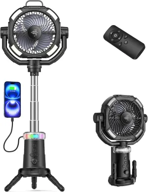 Portable Camping Fan, 20000mAh Rechargeable Fan with Lights, Battery Powered, with Remote &Hook, Height Adjustable, 360 Oscillation, for Outdoor, Tent, Travel, Fishing Battery-powered portable fan