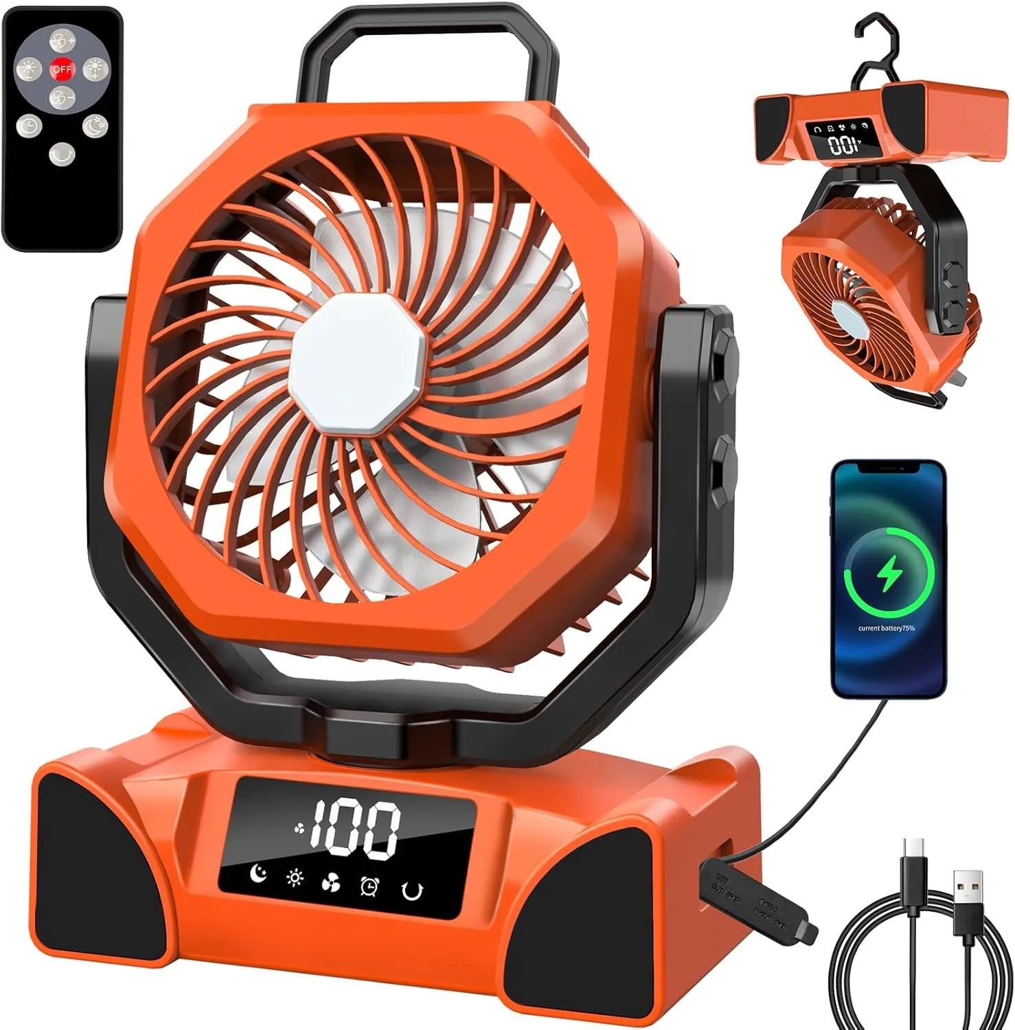 Portable Camping Fan Battery Operated Powered Fan with Remote Control & LED Lantern,20000mAh Battery Rechargeable,LED Digital Display,Oscillate,Timer,Rotation Hanging Hook for Tents Travel - Orange Battery-powered portable fan