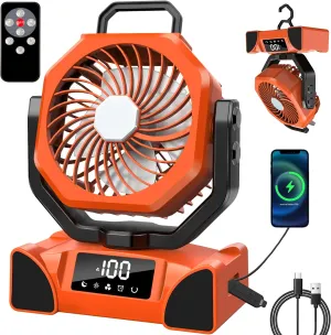 Portable Camping Fan Battery Operated Powered Fan with Remote Control & LED Lantern,20000mAh Battery Rechargeable,LED Digital Display,Oscillate,Timer,Rotation Hanging Hook for Tents Travel - Orange Battery-powered portable fan