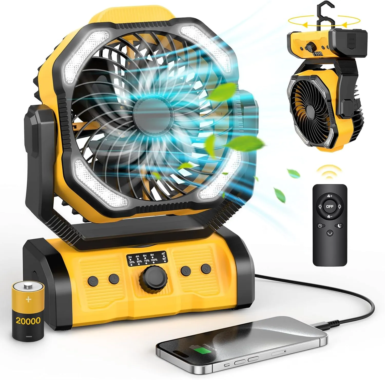 Portable Camping Fan Rechargeable - 20000mAh Cordless Battery Powered Fans with LED Lantern, Remote Auto Oscillating USB C Table Operated Tent Ventilador for Travel Outdoor Fishing Bedroom Home Battery-powered portable fan