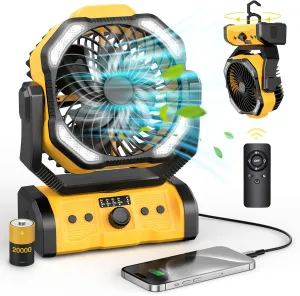 Portable Camping Fan Rechargeable - 20000mAh Cordless Battery Powered Fans with LED Lantern, Remote Auto Oscillating USB C Table Operated Tent Ventilador for Travel Outdoor Fishing Bedroom Home Battery-powered portable fan