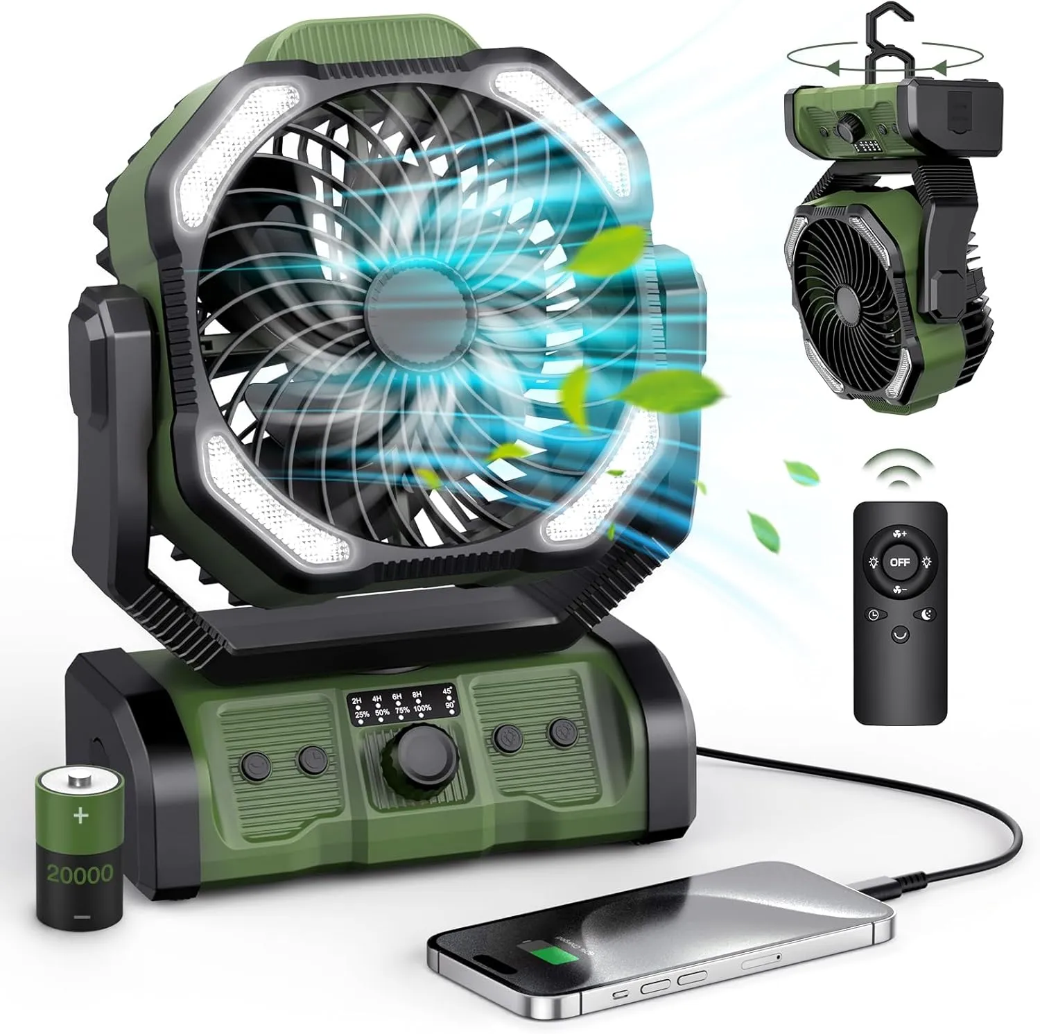 Portable Camping Fan Rechargeable - 20000mAh Cordless Battery Powered Tent Fans with LED Lantern, Remote Auto Oscillating USB C Table Operated Ventilador for Travel Outdoor Beach Battery-powered portable fan