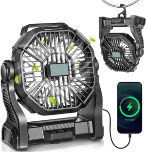 Portable Camping Fan, Rechargeable Battery Operated with LED Lights, Hanging Hook, 270Rotation, 20000mAh Battery Powered Fan for Beach, Office, Picnic, Fishing, Travel, Tent Battery-powered portable fan