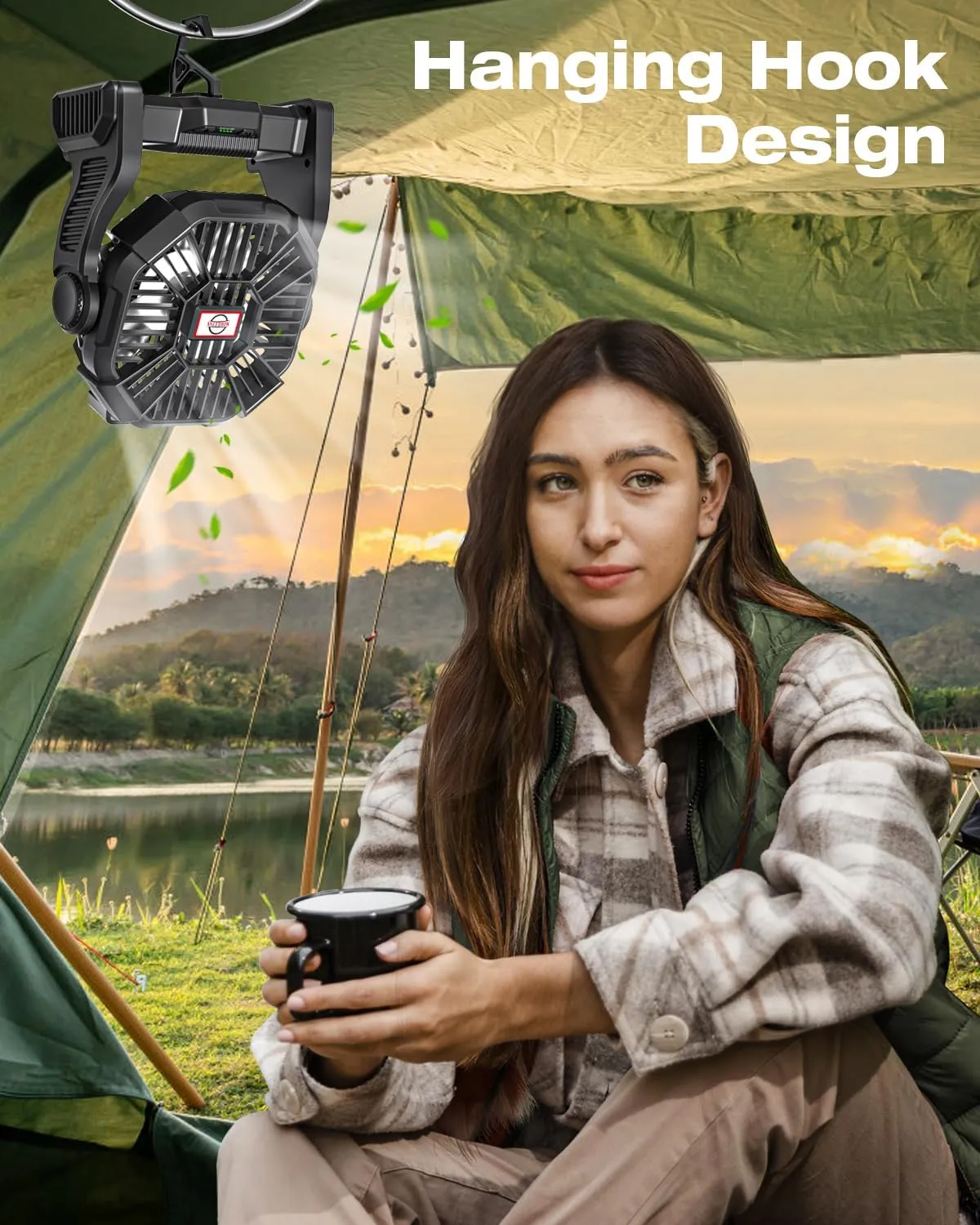Portable Camping Fan, Rechargeable Battery Operated with LED Lights, Hanging Hook, 270Rotation, 20000mAh Battery Powered Fan for Beach, Office, Picnic, Fishing, Travel, Tent