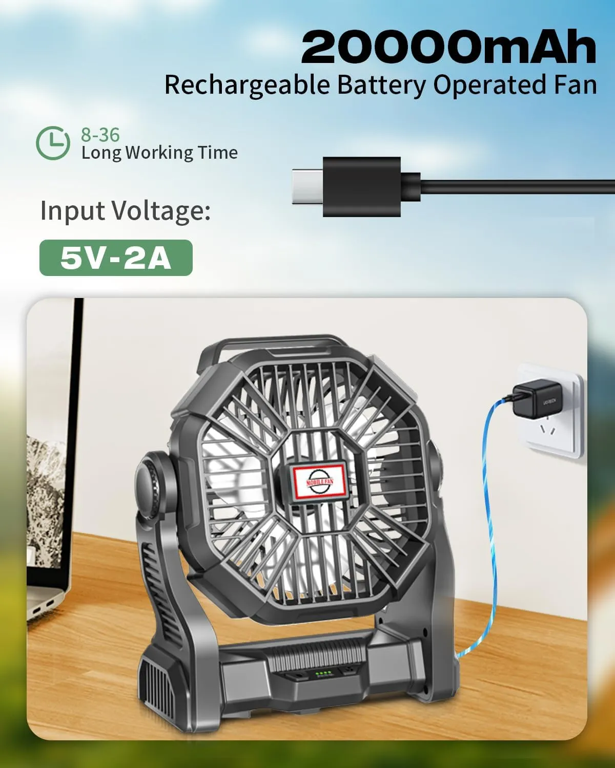 Portable Camping Fan, Rechargeable Battery Operated with LED Lights, Hanging Hook, 270Rotation, 20000mAh Battery Powered Fan for Beach, Office, Picnic, Fishing, Travel, Tent