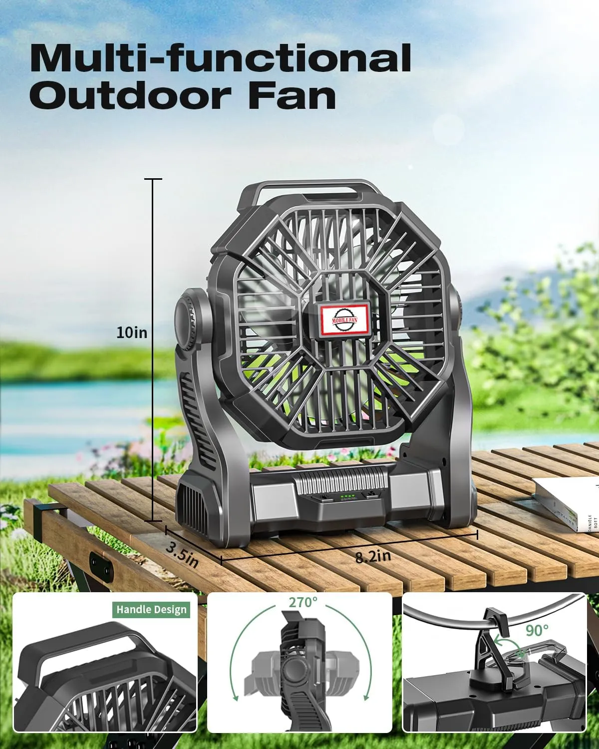 Portable Camping Fan, Rechargeable Battery Operated with LED Lights, Hanging Hook, 270Rotation, 20000mAh Battery Powered Fan for Beach, Office, Picnic, Fishing, Travel, Tent