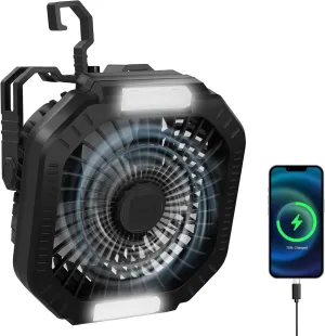 Portable Camping Fan with LED Light, 7800mAh Rechargeable Battery Operated Fan Lantern with Hook & Remote, USB Fan for Tent RV Hurricane Outages Emergency 2-in-1 camping light and fan combo