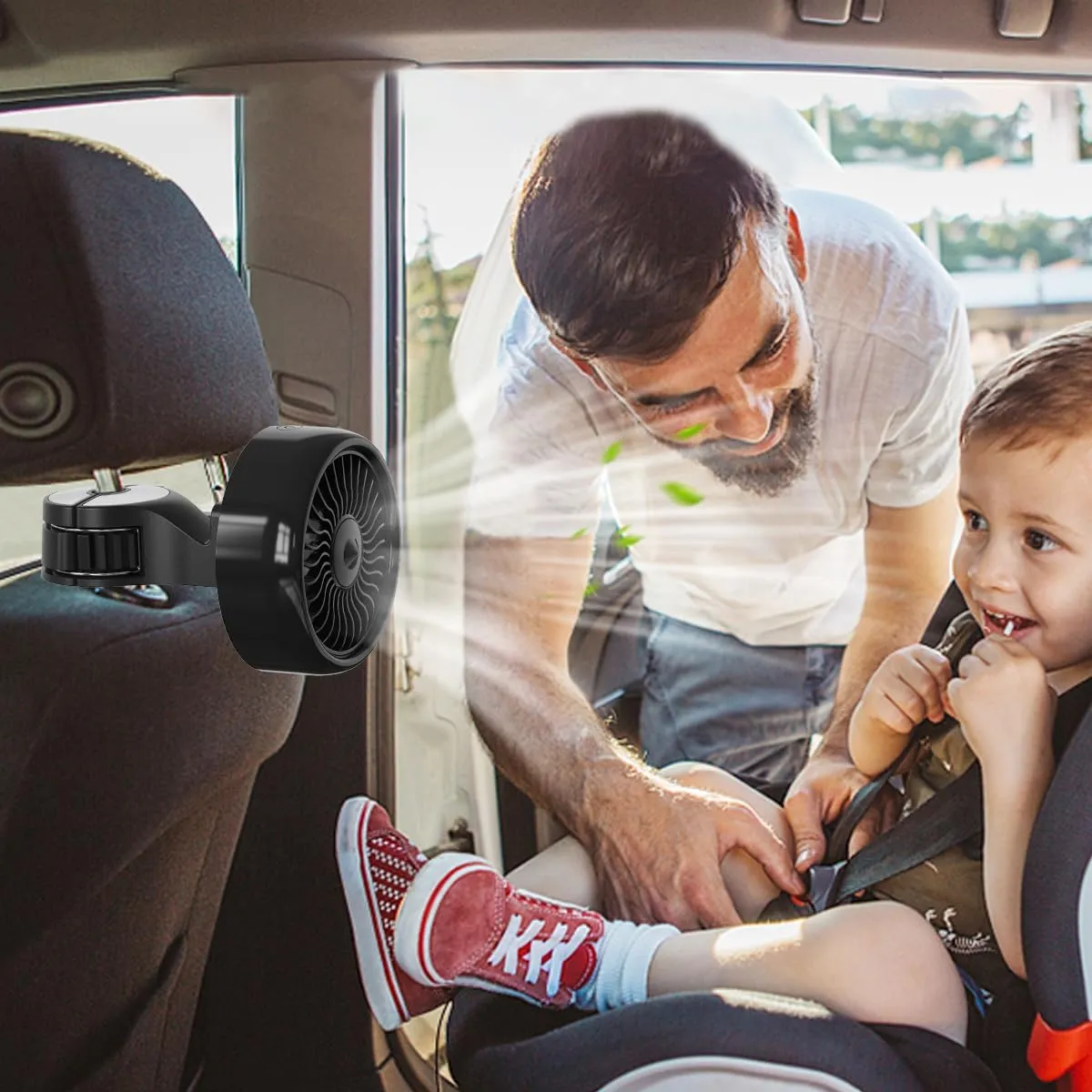 Portable Car Fan For Backseat Baby, USB Powered Car Cooling Fans, Adjustable 3 Speed Strong Wind 5V Clip On Air Circulation Fan with LED Light For Vehicles SUV RV Truck