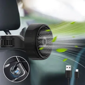 Portable Car Fan For Backseat Baby, USB Powered Car Cooling Fans, Adjustable 3 Speed Strong Wind 5V Clip On Air Circulation Fan with LED Light For Vehicles SUV RV Truck Rear-mounted fan for childrens safety