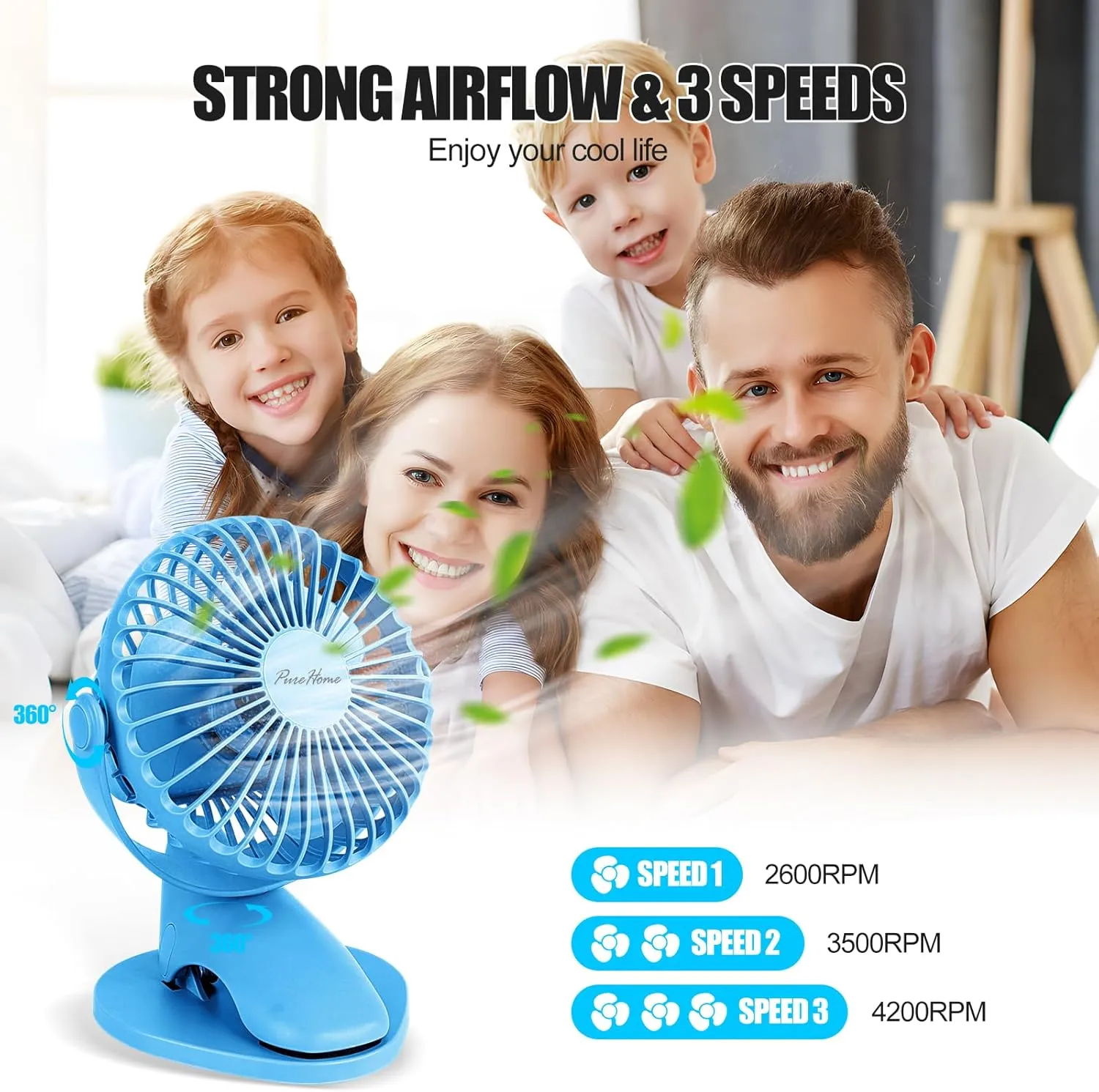 Portable Clip Fan Battery Operated,3 Speeds USB Rechargeable Mini Table Fan with Strong Airflow,360Rotation Ultra Quiet Personal Desk Fan for Home Office Bedroom Dorm Stroller Camping - Blue