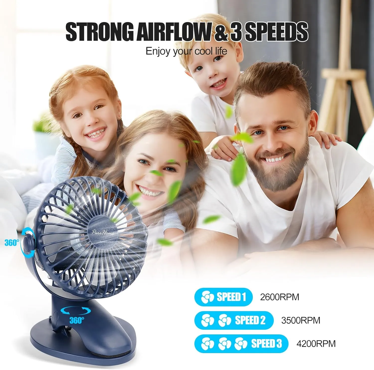 Portable Clip Fan Battery Operated,3 Speeds USB Rechargeable Mini Table Fan with Strong Airflow,360Rotation Ultra Quiet Personal Desk Fan for Home Office Bedroom Dorm Stroller Camping - DeepBlue
