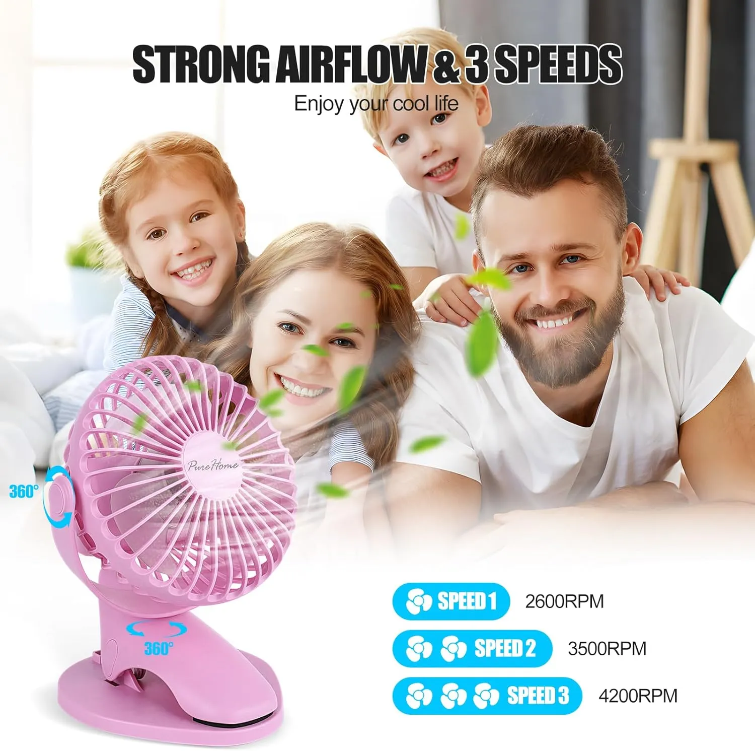Portable Clip Fan Battery Operated,3 Speeds USB Rechargeable Mini Table Fan with Strong Airflow,360Rotation Ultra Quiet Personal Desk Fan for Home Office Bedroom Dorm Stroller Camping- Pink