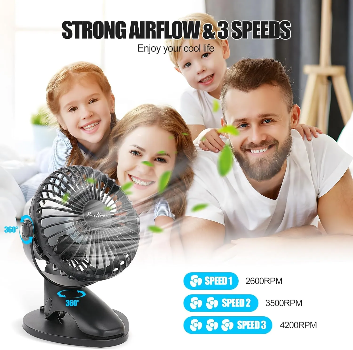 Portable Clip Fan Battery Operated,3 Speeds USB Rechargeable Mini Table Fan with Strong Airflow,360Rotation Ultra Quiet Personal Desk Fan for Home Office Bedroom Dorm Stroller Camping(Black)