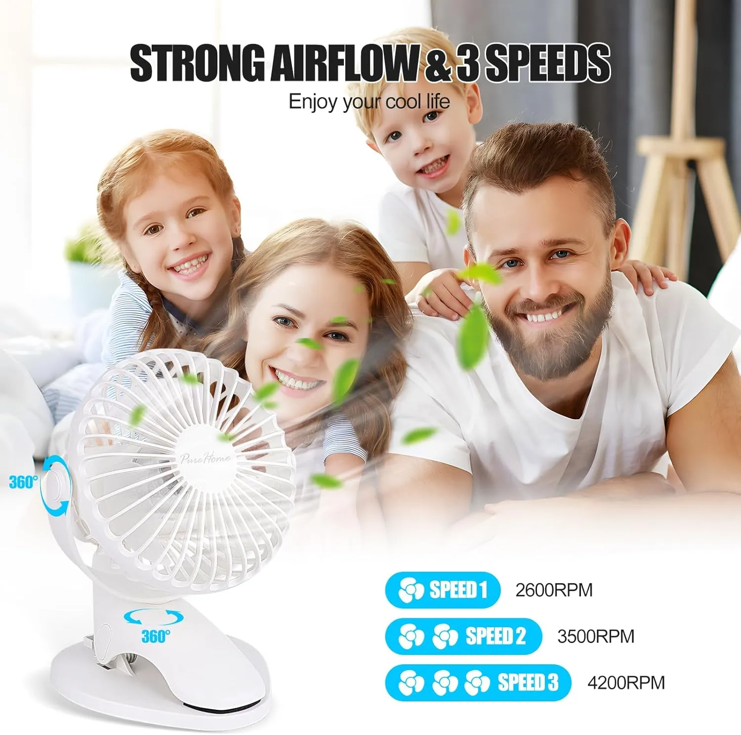 Portable Clip Fan Battery Operated,3 Speeds USB Rechargeable Mini Table Fan with Strong Airflow,360Rotation Ultra Quiet Personal Desk Fan for Home Office Bedroom Dorm Stroller Camping(White)