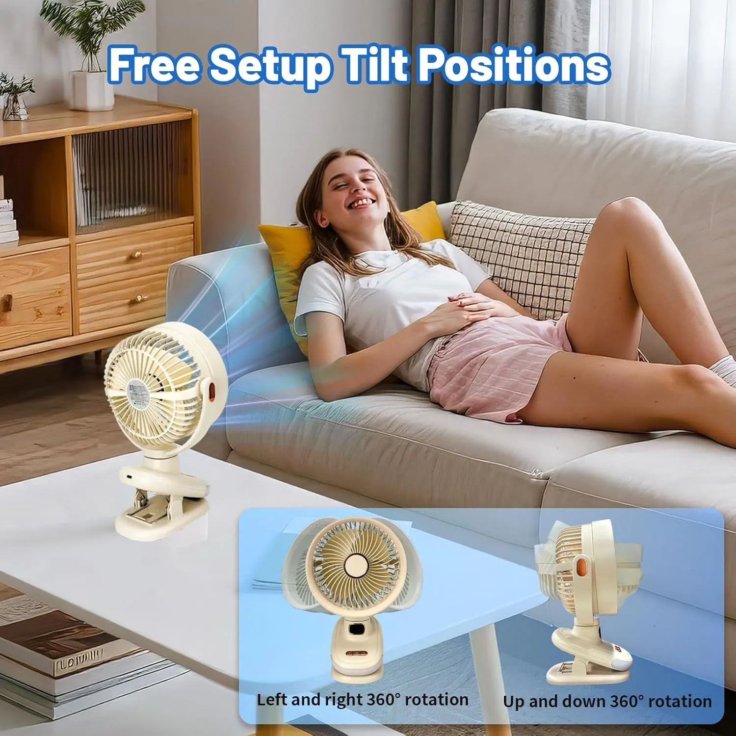 Portable Clip on Fan, Battery Operated Small Powerful USB Desk Fan with Night Light & LED Display Screen, Mini Table Fan, 360 Rotate Personal Fan for Home Office Stroller Camping (Beige)