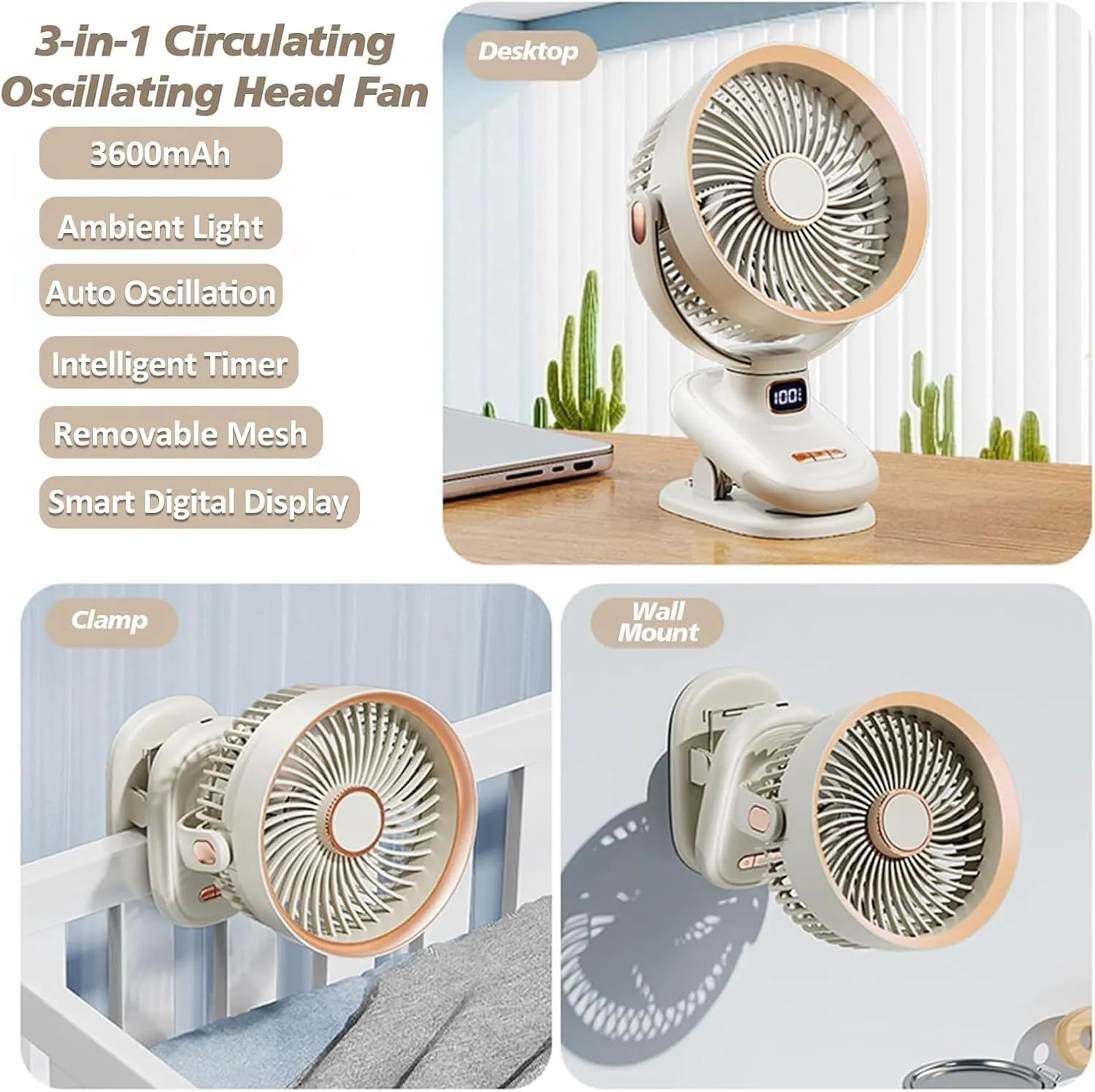 Portable Clip on Fan, Battery Operated Small Powerful USB Desk Fan with Night Light & LED Display Screen, Mini Table Fan, 360 Rotate Personal Fan for Home Office Stroller Camping (Beige)