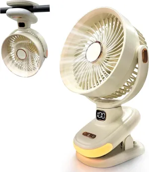 Portable Clip on Fan, Battery Operated Small Powerful USB Desk Fan with Night Light & LED Display Screen, Mini Table Fan, 360 Rotate Personal Fan for Home Office Stroller Camping (Beige) 360-degree rotating fan for home use