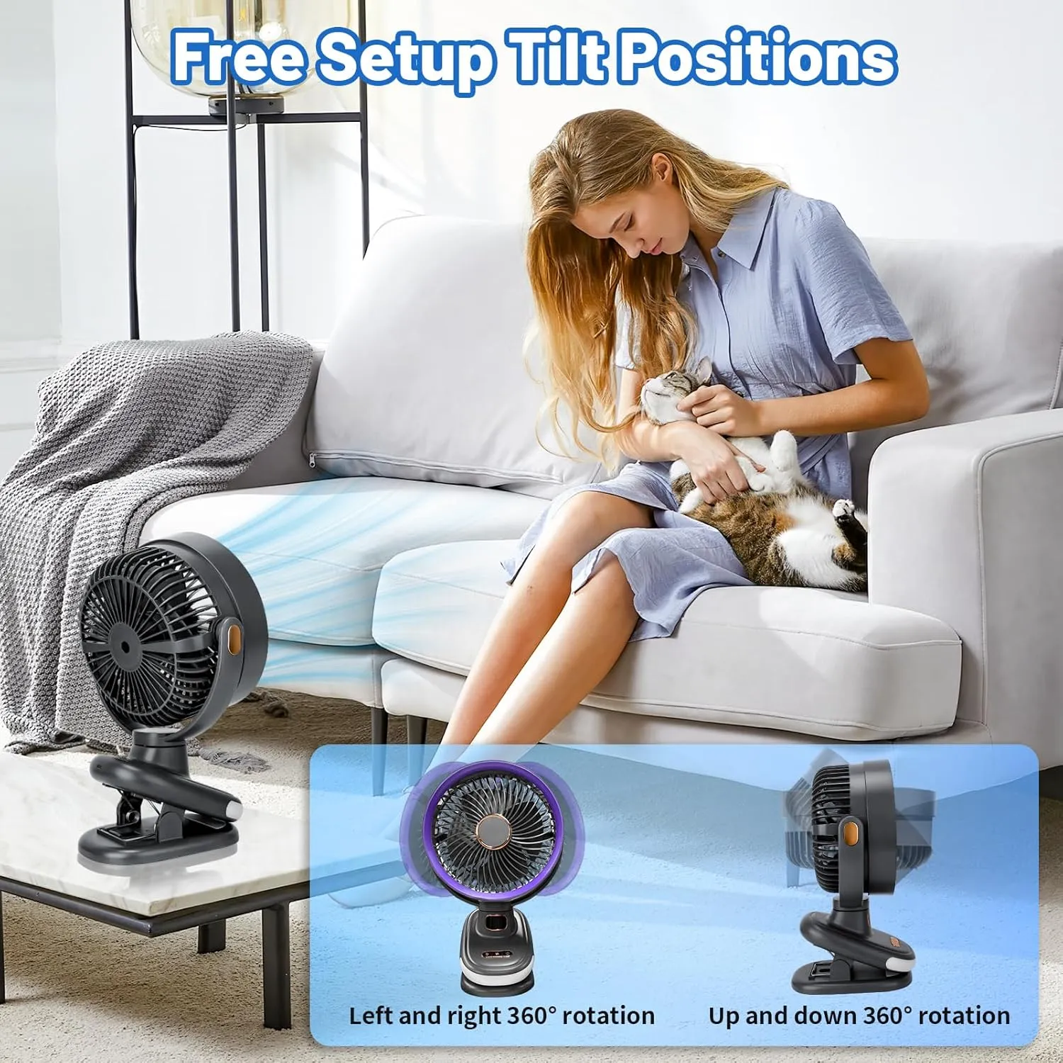 Portable Clip on Fan, Battery Operated Small Powerful USB Desk Fan with Night Light & LED Display Screen, Mini Table Fan, 360 Rotate Personal Fan for Home Office Stroller Camping (Gray)
