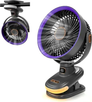 Portable Clip on Fan, Battery Operated Small Powerful USB Desk Fan with Night Light & LED Display Screen, Mini Table Fan, 360 Rotate Personal Fan for Home Office Stroller Camping (Gray) 360-degree rotating fan for home use