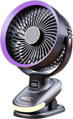 Portable Clip on Fan, Battery Operated Small Powerful USB Desk Fan with Night Light & LED Display Screen, Mini Table Fan, 360 Rotate Personal Fan for Home Office Stroller Camping (Grey) 360-degree rotating fan for home use