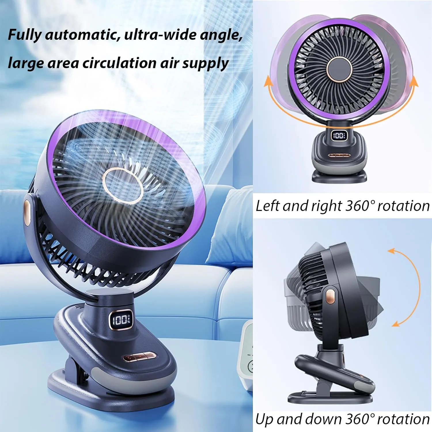 Portable Clip on Fan, Battery Operated Small Powerful USB Desk Fan with Night Light & LED Display Screen, Mini Table Fan, 360 Rotate Personal Fan for Home Office Stroller Camping (Grey)