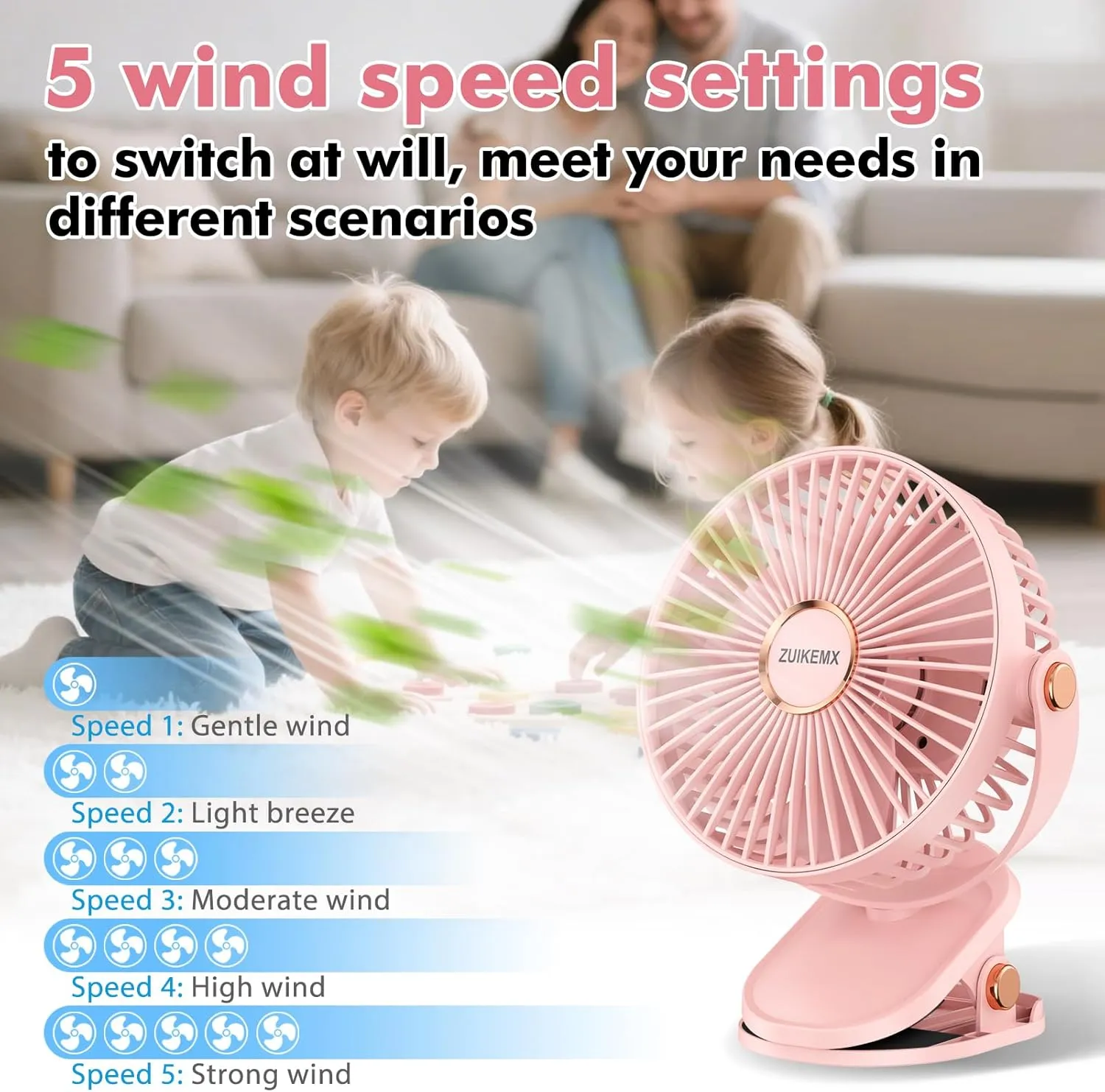 Portable Clip on Fan with 2000mAh Battery, 5 - Level Wind Speeds, 360 Vertical and Horizontal Rotation, with LED Light, Ultra Quiet Rechargeable Fan for Desk Table Home Office Stroller Camping