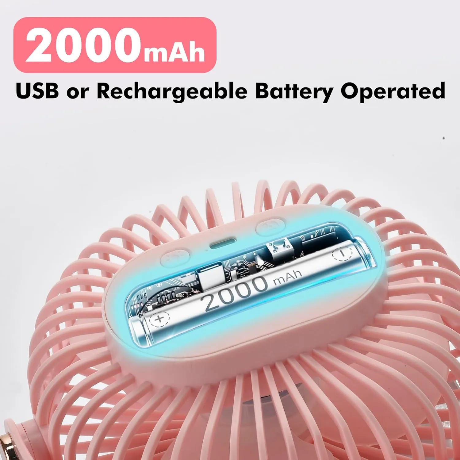 Portable Clip on Fan with 2000mAh Battery, 5 - Level Wind Speeds, 360 Vertical and Horizontal Rotation, with LED Light, Ultra Quiet Rechargeable Fan for Desk Table Home Office Stroller Camping