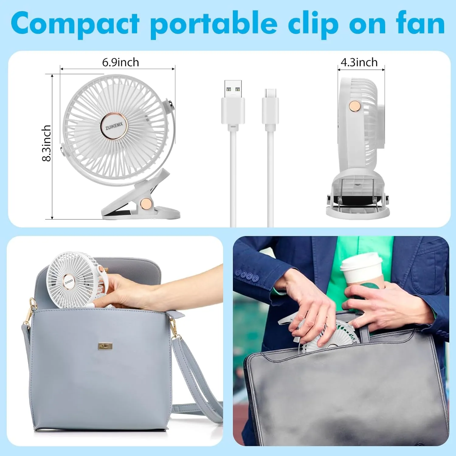 Portable Clip on Fan with 2000mAh Battery, 5 - Level Wind Speeds, 360 Vertical and Horizontal Rotation, with LED Light, Ultra Quiet Rechargeable Fan for Desk Table Home Office Stroller Camping