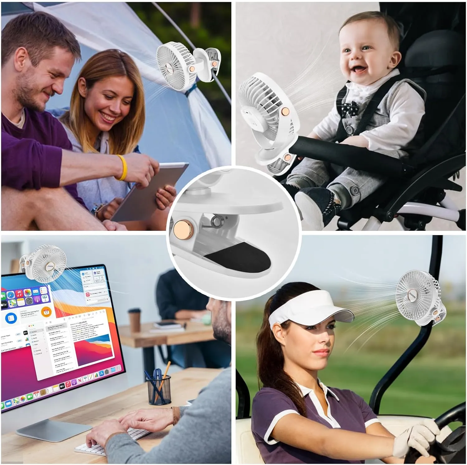 Portable Clip on Fan with 2000mAh Battery, 5 - Level Wind Speeds, 360 Vertical and Horizontal Rotation, with LED Light, Ultra Quiet Rechargeable Fan for Desk Table Home Office Stroller Camping