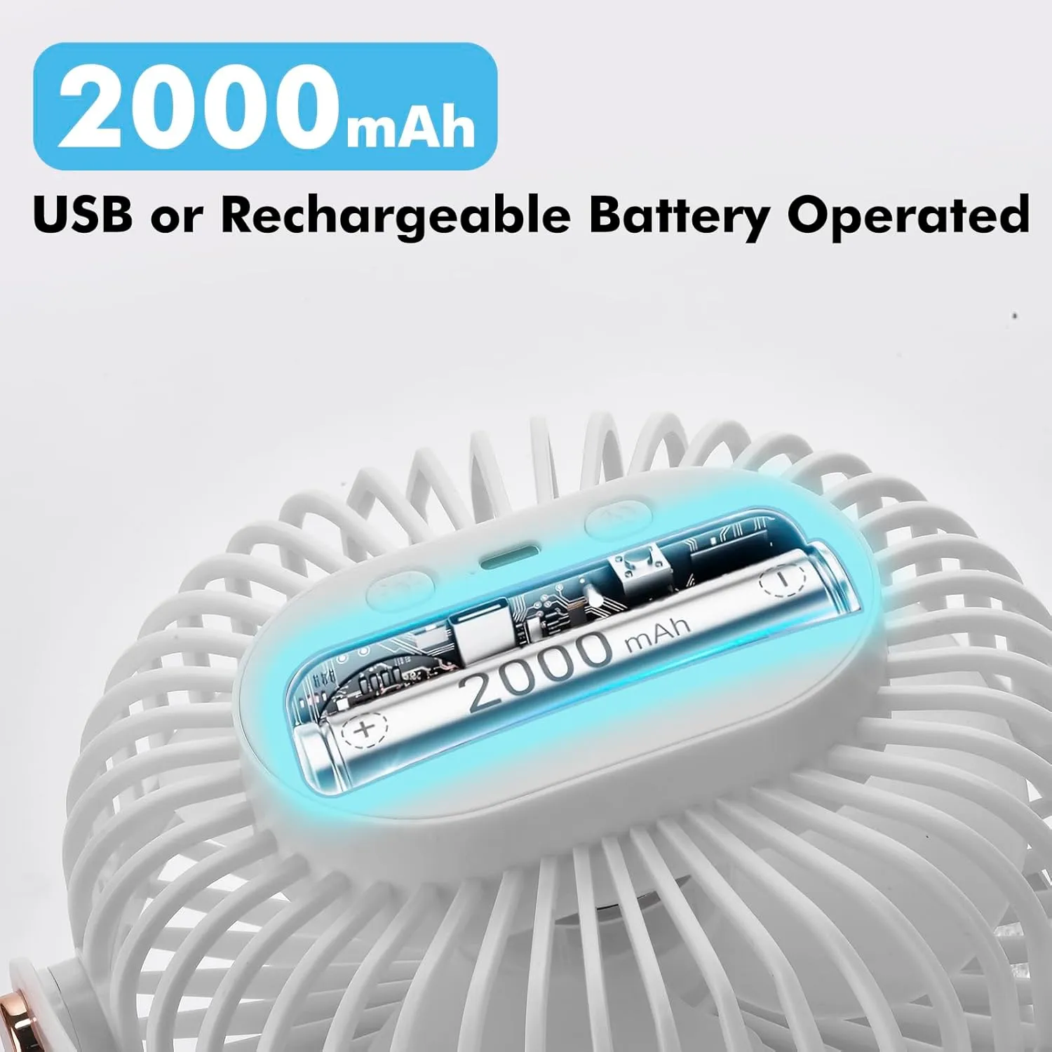 Portable Clip on Fan with 2000mAh Battery, 5 - Level Wind Speeds, 360 Vertical and Horizontal Rotation, with LED Light, Ultra Quiet Rechargeable Fan for Desk Table Home Office Stroller Camping