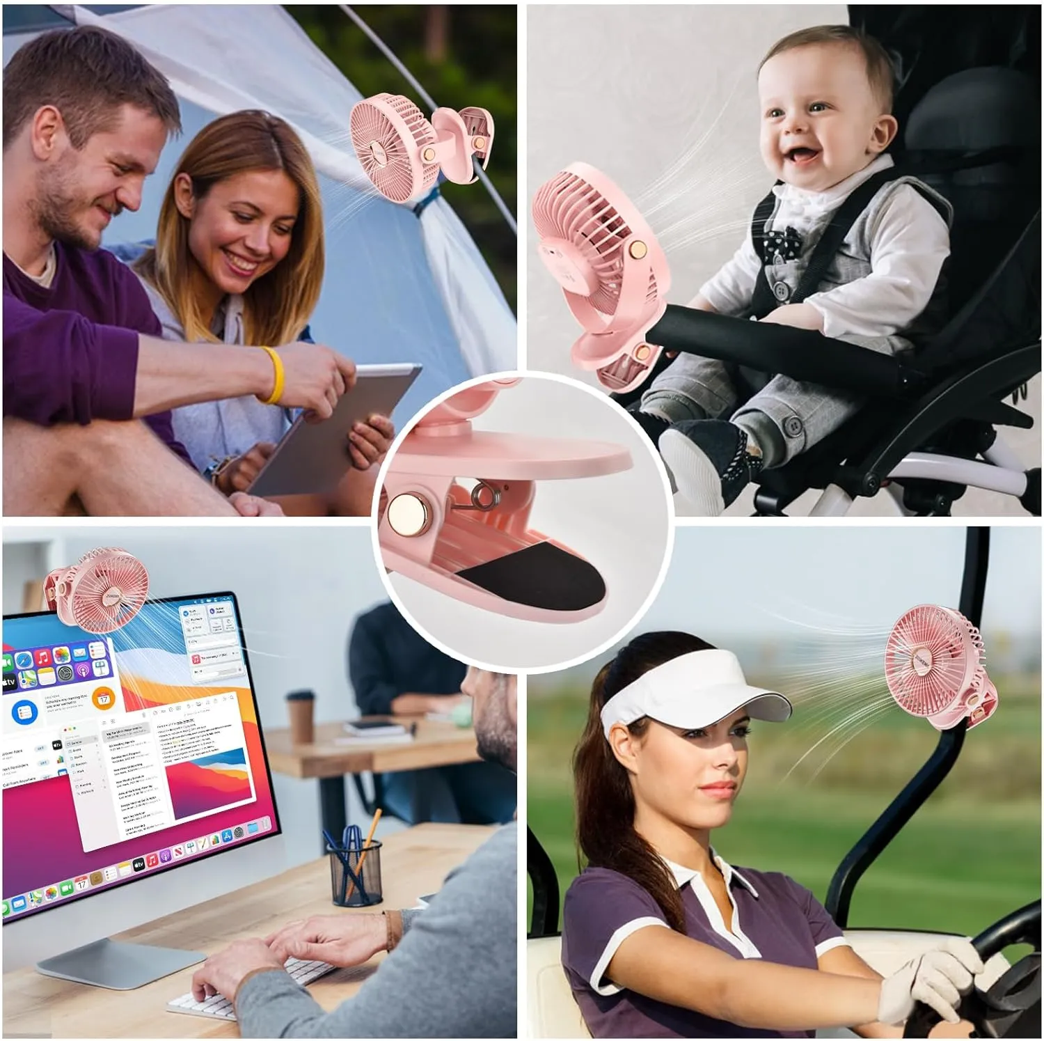Portable Clip on Fan with 2000mAh Battery, 5 - Level Wind Speeds, 360 Vertical and Horizontal Rotation, with LED Light, Ultra Quiet Rechargeable Fan for Desk Table Home Office Stroller Camping