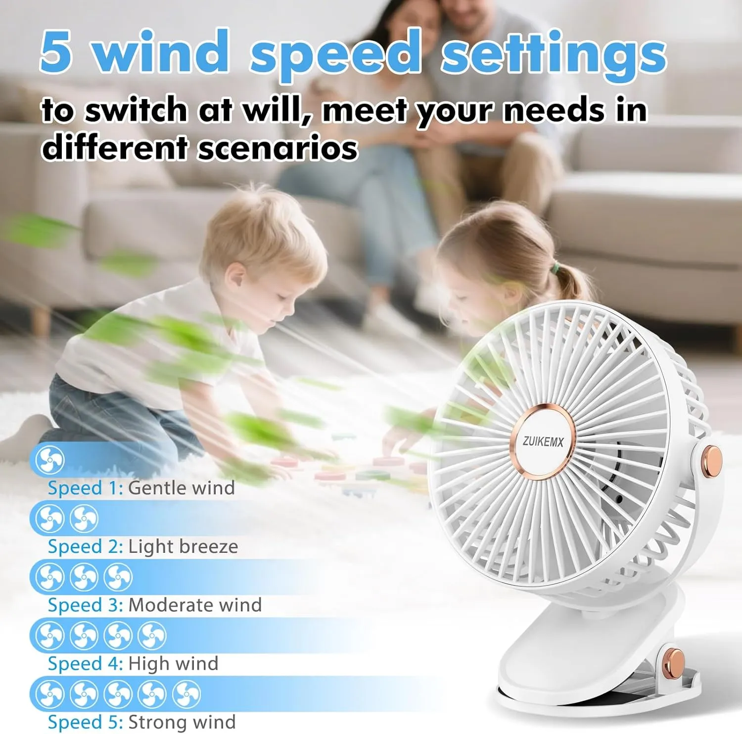 Portable Clip on Fan with 2000mAh Battery, 5 - Level Wind Speeds, 360 Vertical and Horizontal Rotation, with LED Light, Ultra Quiet Rechargeable Fan for Desk Table Home Office Stroller Camping