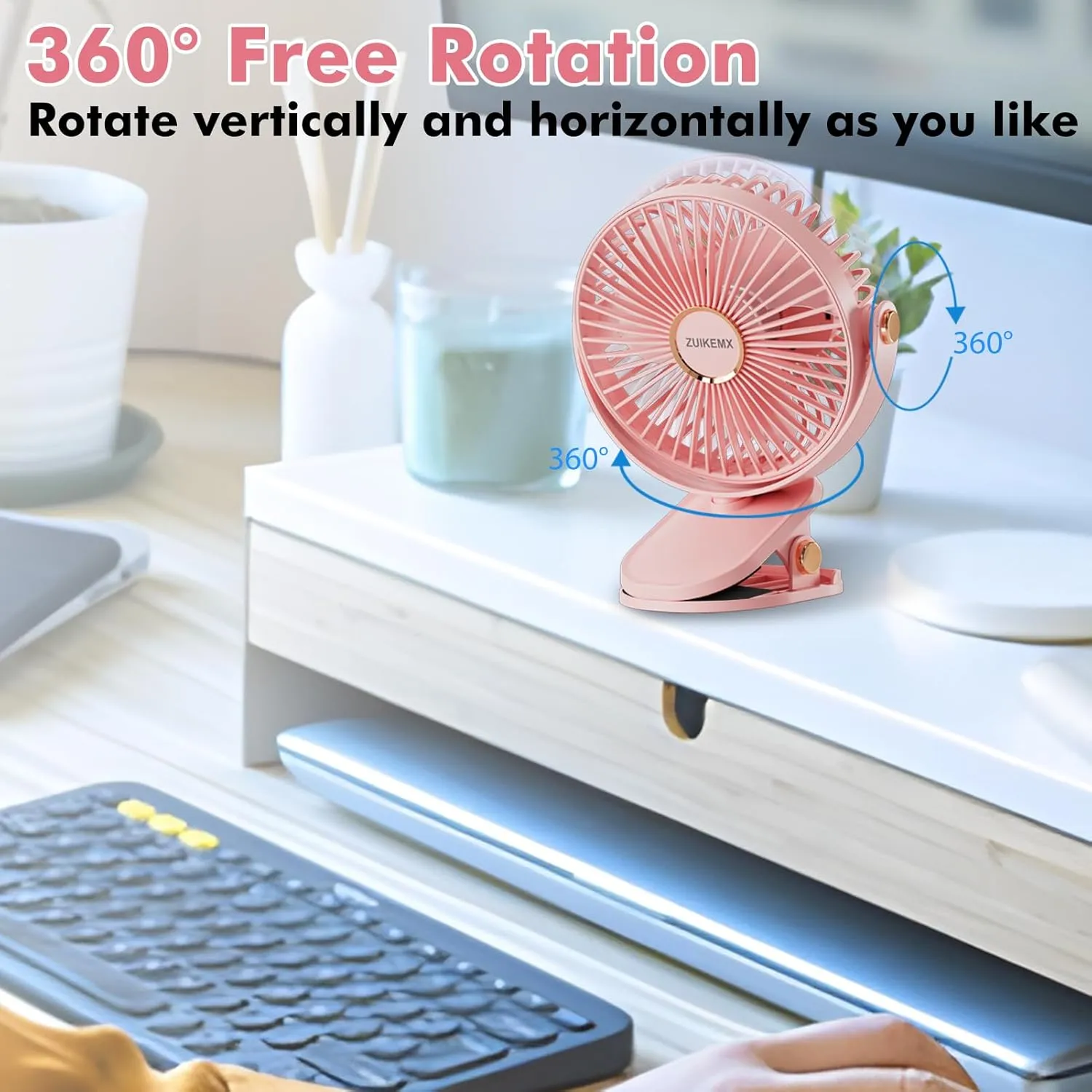 Portable Clip on Fan with 2000mAh Battery, 5 - Level Wind Speeds, 360 Vertical and Horizontal Rotation, with LED Light, Ultra Quiet Rechargeable Fan for Desk Table Home Office Stroller Camping