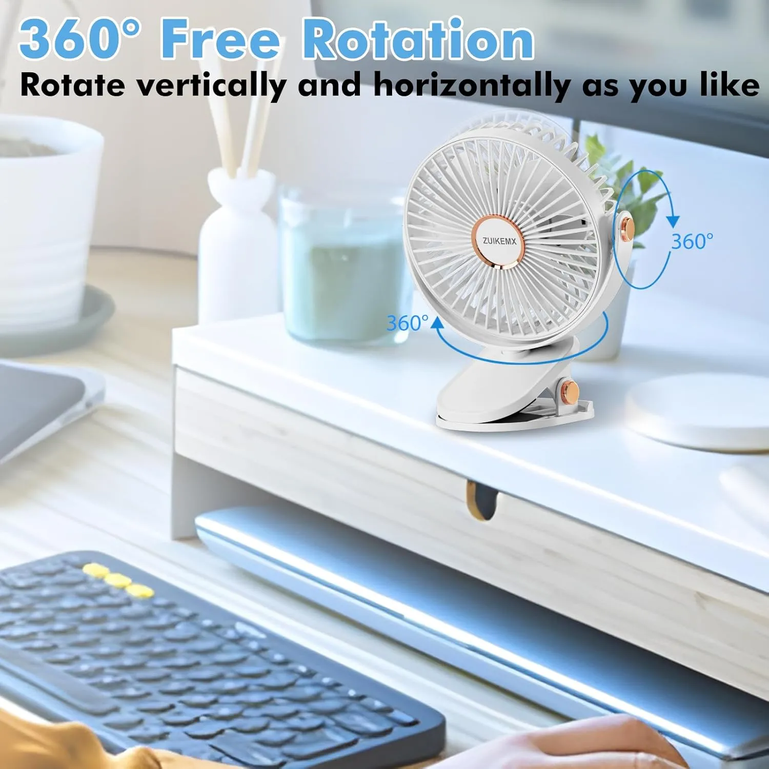 Portable Clip on Fan with 2000mAh Battery, 5 - Level Wind Speeds, 360 Vertical and Horizontal Rotation, with LED Light, Ultra Quiet Rechargeable Fan for Desk Table Home Office Stroller Camping