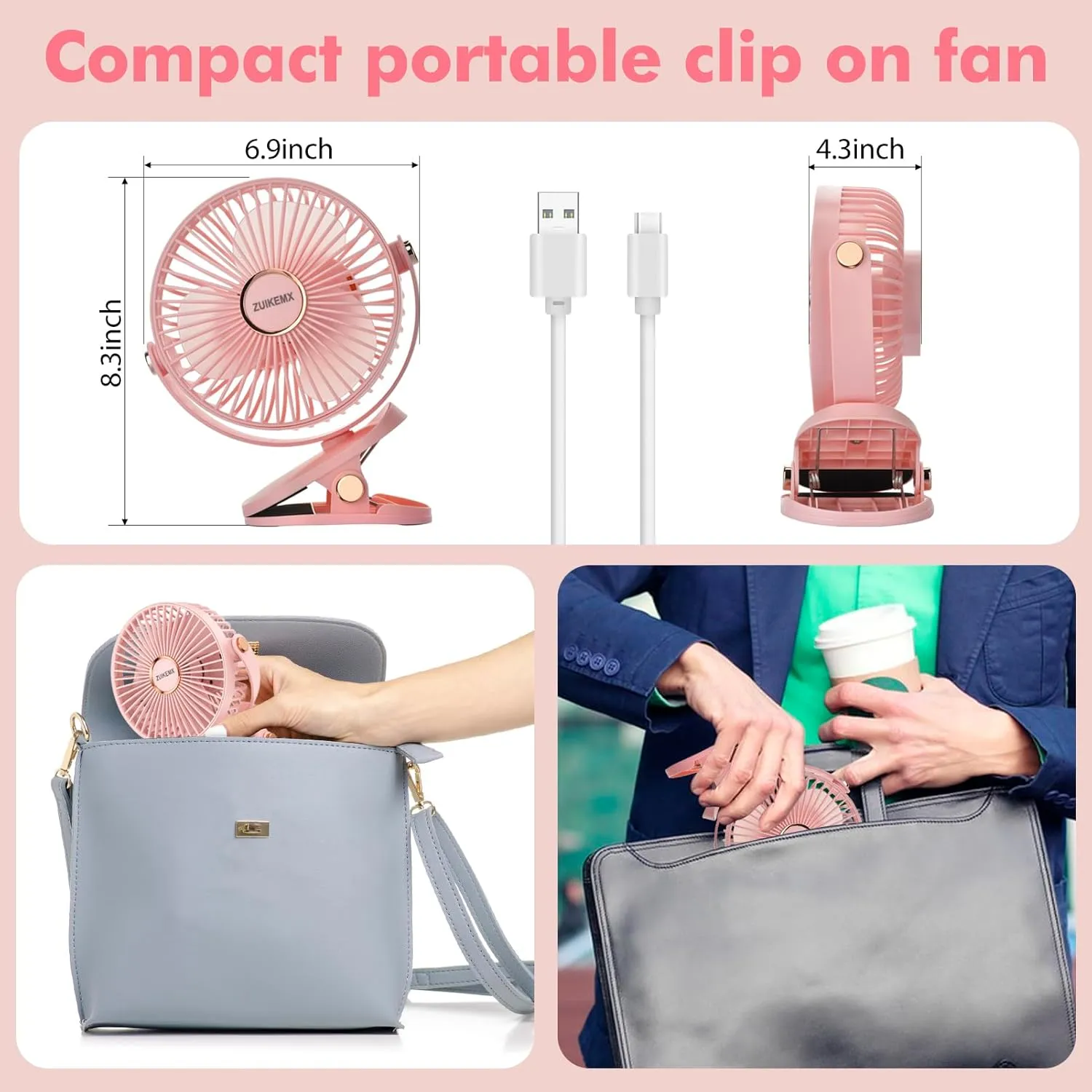 Portable Clip on Fan with 2000mAh Battery, 5 - Level Wind Speeds, 360 Vertical and Horizontal Rotation, with LED Light, Ultra Quiet Rechargeable Fan for Desk Table Home Office Stroller Camping