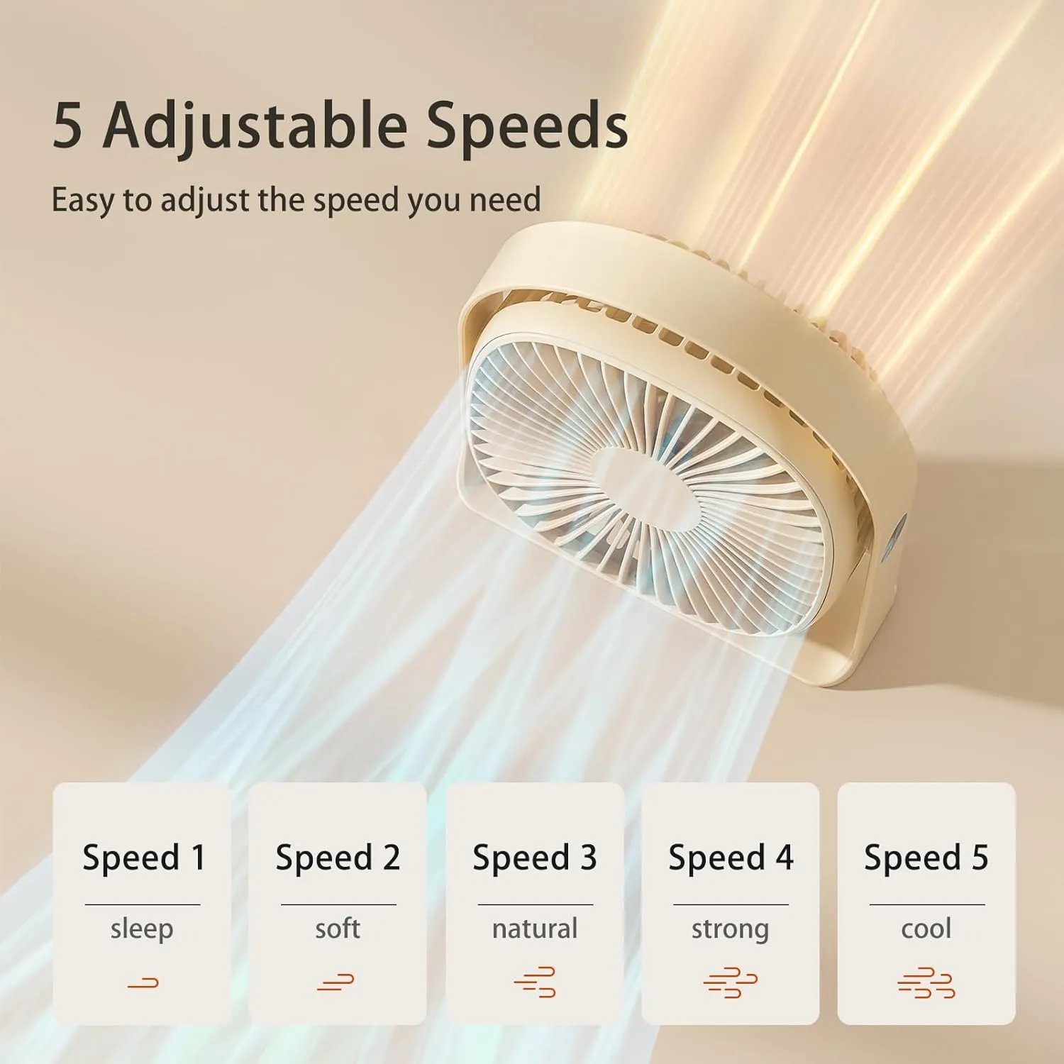Portable Desk Fan, 5 Speeds Strong Wind Quiet Small USB Fan with soft night light, 360 Rotate Rechargeable Personal Table Fan for Bedroom Home Office Desktop Travel (Beige)