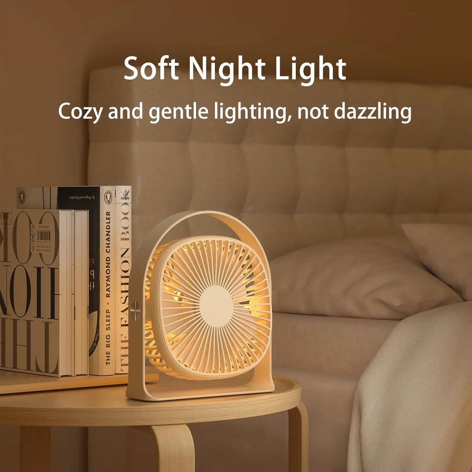 Portable Desk Fan, 5 Speeds Strong Wind Quiet Small USB Fan with soft night light, 360 Rotate Rechargeable Personal Table Fan for Bedroom Home Office Desktop Travel (Beige)
