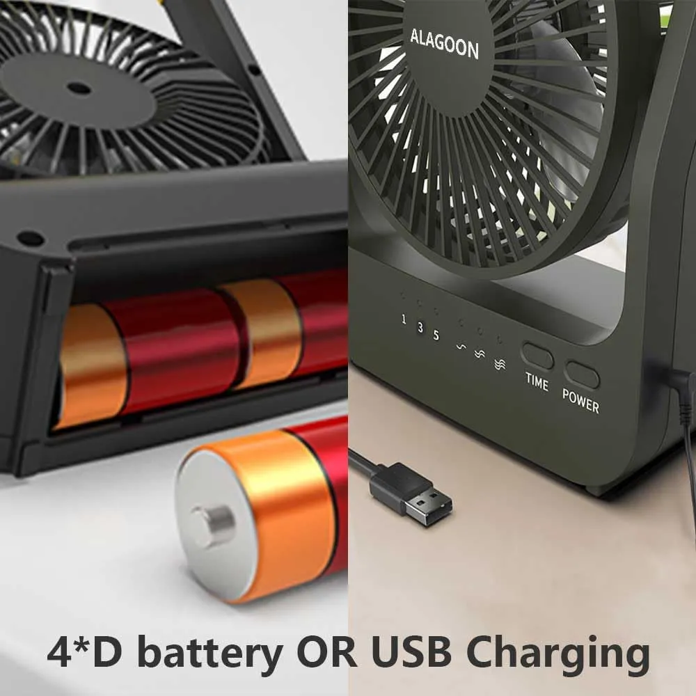 Portable Desk Fan, D Battery Operated Fan for Hurricane, Powered Fan by USB Cable 214H Long Lasting with Timer 6'' Portable for Outdoor Camping Quiet 3 Speeds for Office Bedroom