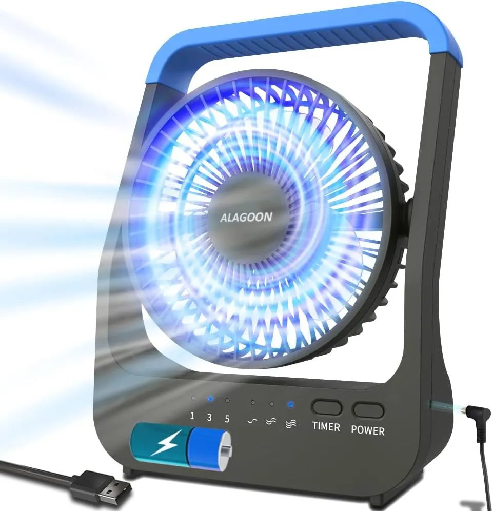 Portable Desk Fan, D Battery Operated Fan for Hurricane, Powered Fan by USB Cable 214H Long Lasting with Timer 6'' Portable for Outdoor Camping Quiet 3 Speeds for Office Bedroom(Blue) Battery-powered portable fan