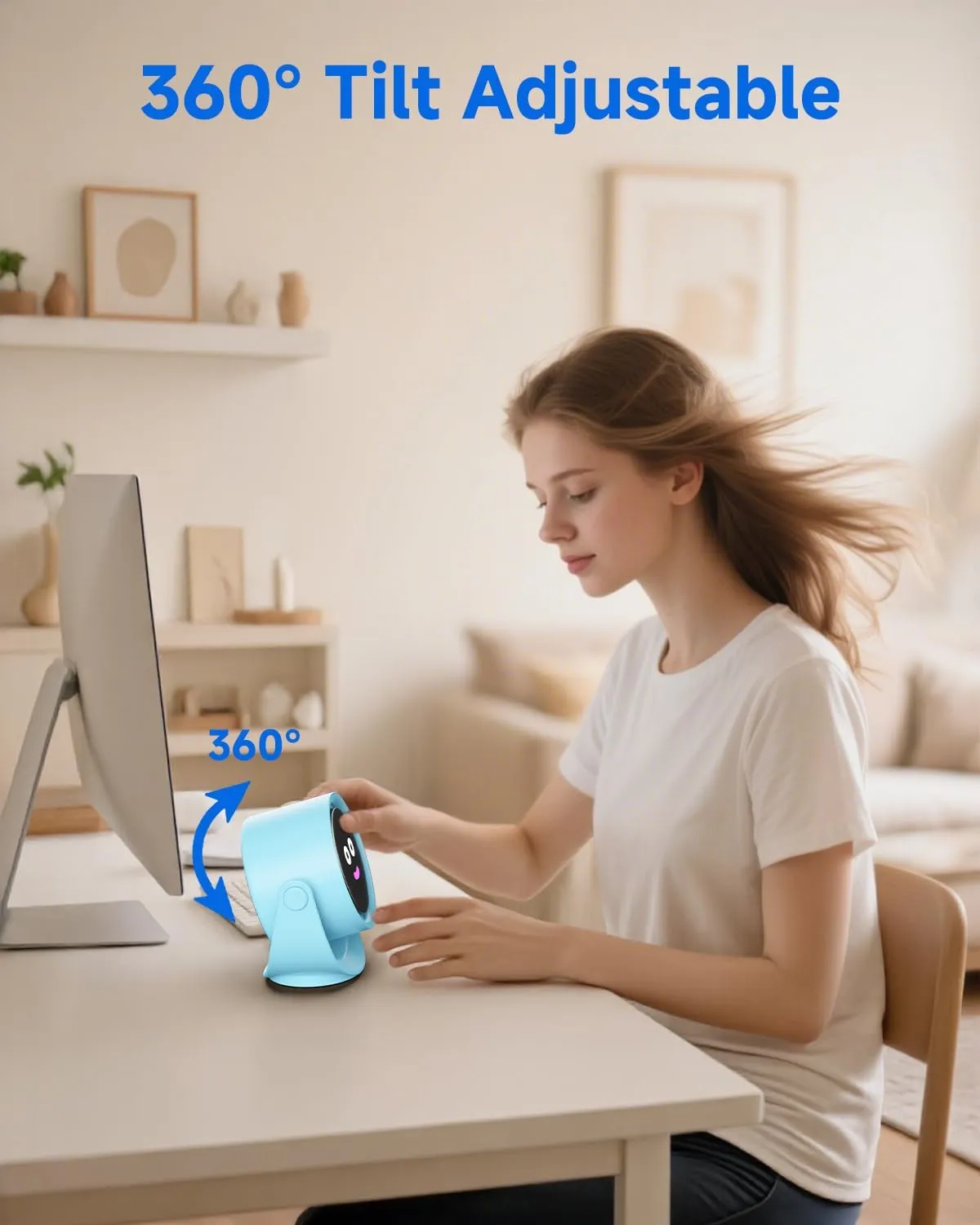 Portable Desk Fan for Bedroom, Turbo Table Fans with smile icon LED Display, 6-inch, 5-Speed Strong Airflow, Low Noise, 360 Adjustable Tilt, Suitable for Home, Office, Outdoor, Blue