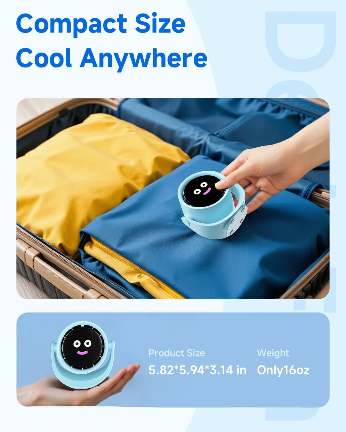 Portable Desk Fan for Bedroom, Turbo Table Fans with smile icon LED Display, 6-inch, 5-Speed Strong Airflow, Low Noise, 360 Adjustable Tilt, Suitable for Home, Office, Outdoor, Blue