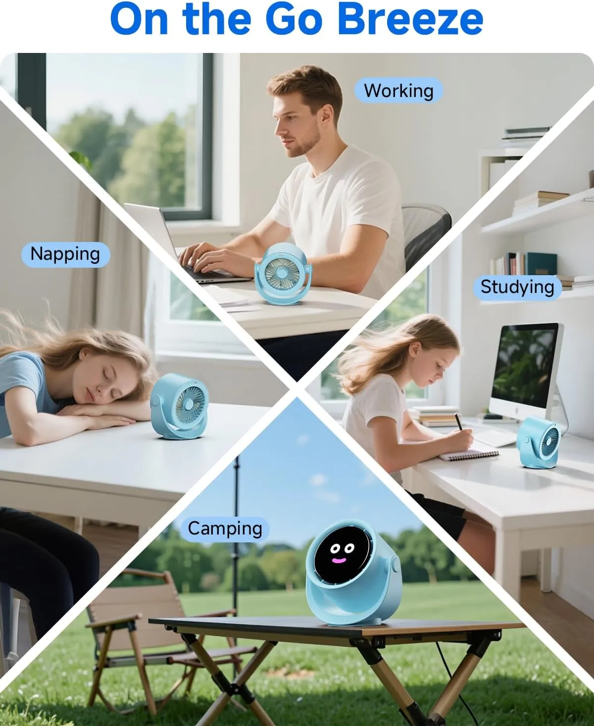 Portable Desk Fan for Bedroom, Turbo Table Fans with smile icon LED Display, 6-inch, 5-Speed Strong Airflow, Low Noise, 360 Adjustable Tilt, Suitable for Home, Office, Outdoor, Blue