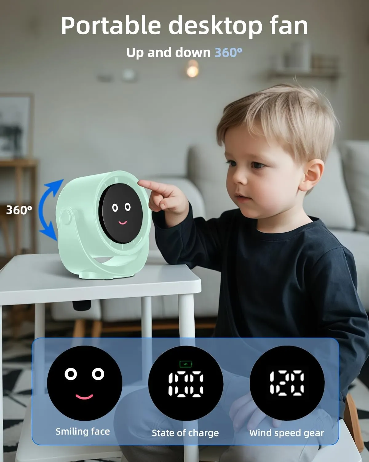 Portable Desk Fan for Bedroom, Turbo Table Fans with smile icon LED Display, 6-inch, 5-Speed Strong Airflow, Low Noise, 360 Adjustable Tilt, Suitable for Home, Office, Outdoor, Green